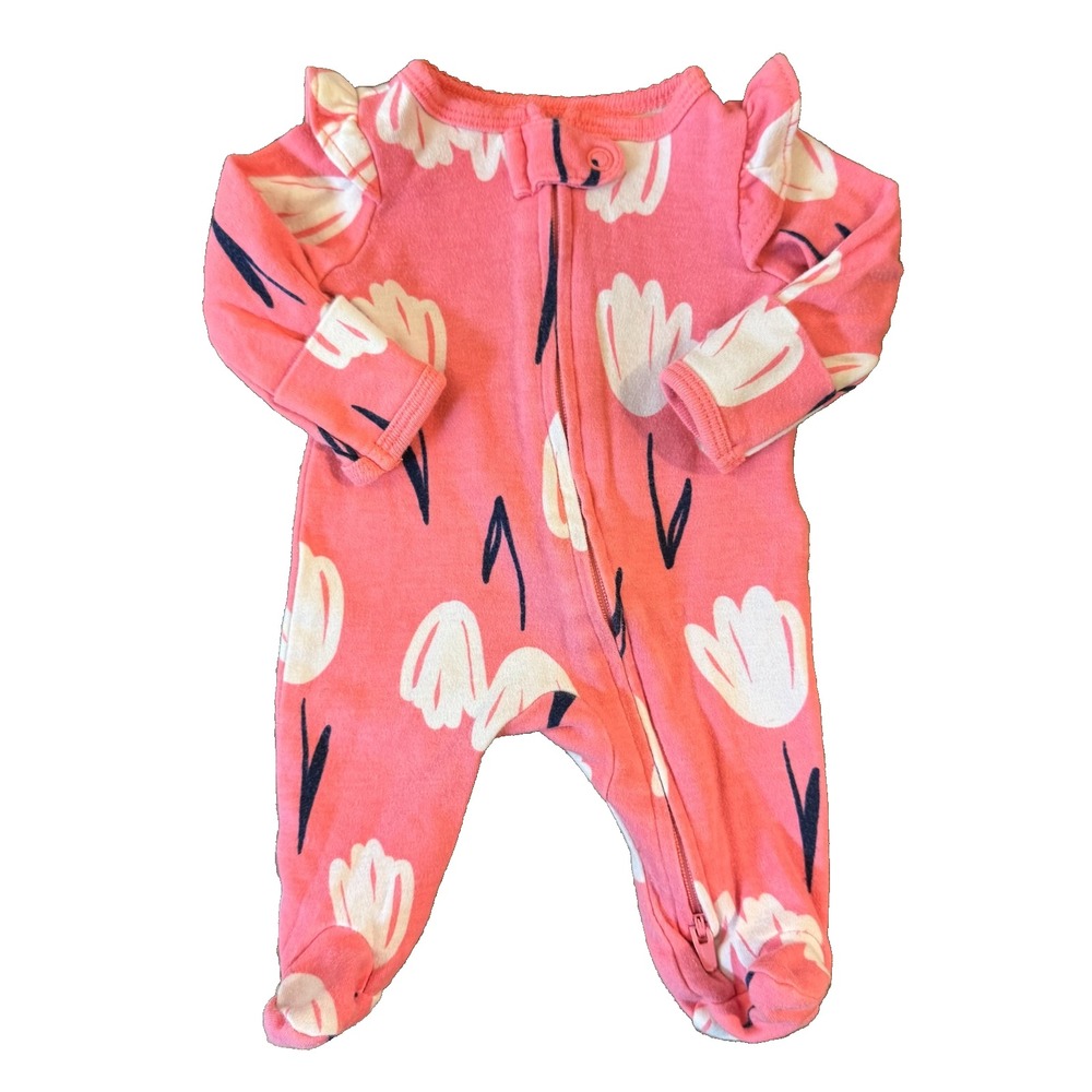 Baby Girl Outfit Sleeper One Piece Preemie Clothes Zipper Flowers Pink Tulips